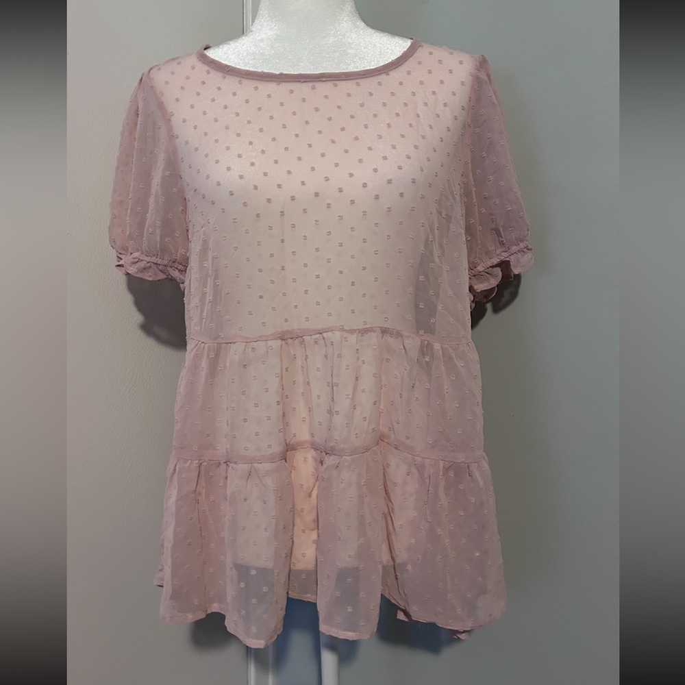 June & Hudson Textured Sheer Polka Dot,Blush Baby Pink short sleeve blouse,sz M